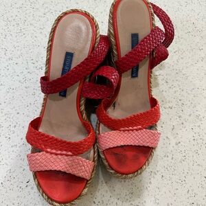 Stuart Weitzman Red and Pink Woven Wedges